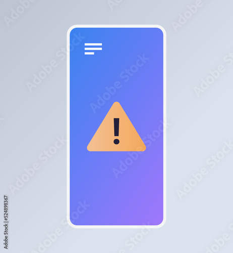 Problem smartphone application software error and technology exclamation mark icon smartphone screen alert warning notification concept horizontal flat vector illustration.