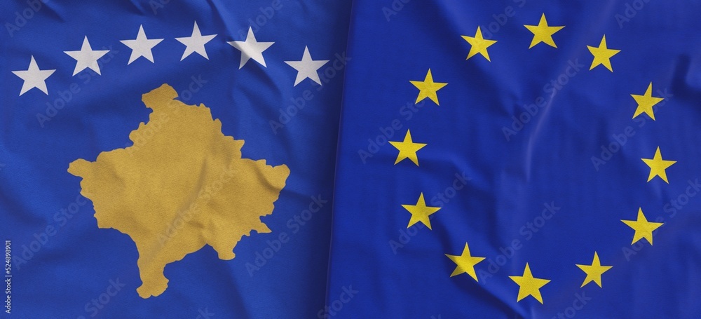 Flags of Kosovo and European Union. Linen flags close-up. Flag made of ...