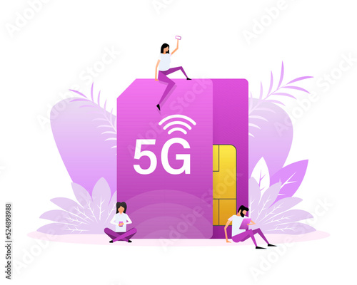 5G Sim Card. 4G technology background. Flat style characters