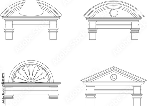 Ancient greek pediments. Greek or roman architecture temple facade with ancient pillars. Antique architectural pediments vector illustration.
