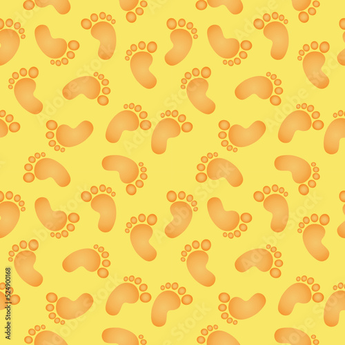 Orange prints of children's feet on a yellow background. Seamless background for packaging design, store, banners, website. Vector illustration.
