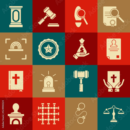 Set Scales of justice, Oath on the Holy Bible, Identification badge, Magnifying glass with footsteps, Police, Fingerprint, Stage stand or debate podium rostrum and Hand holding money bag icon. Vector