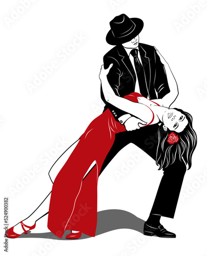 A Pair Dancing Argentine Tango. Woman in red dress, Man in black suit. Pin Up, Pop Art style. Vector drawing.