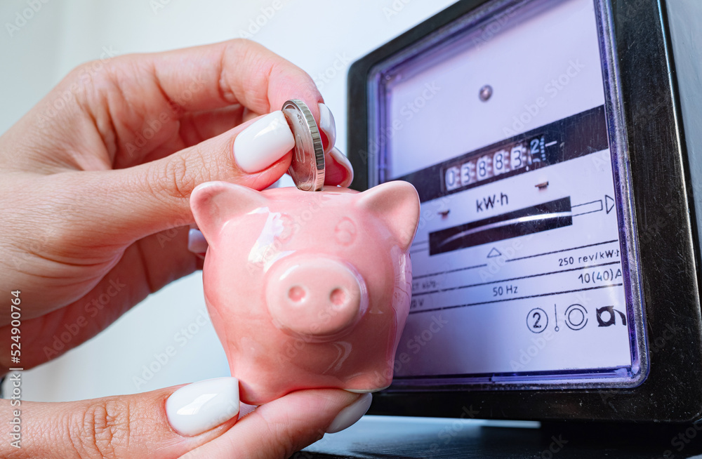 Photo & Art Print Woman puts coin in piggy bank near a electricity ...