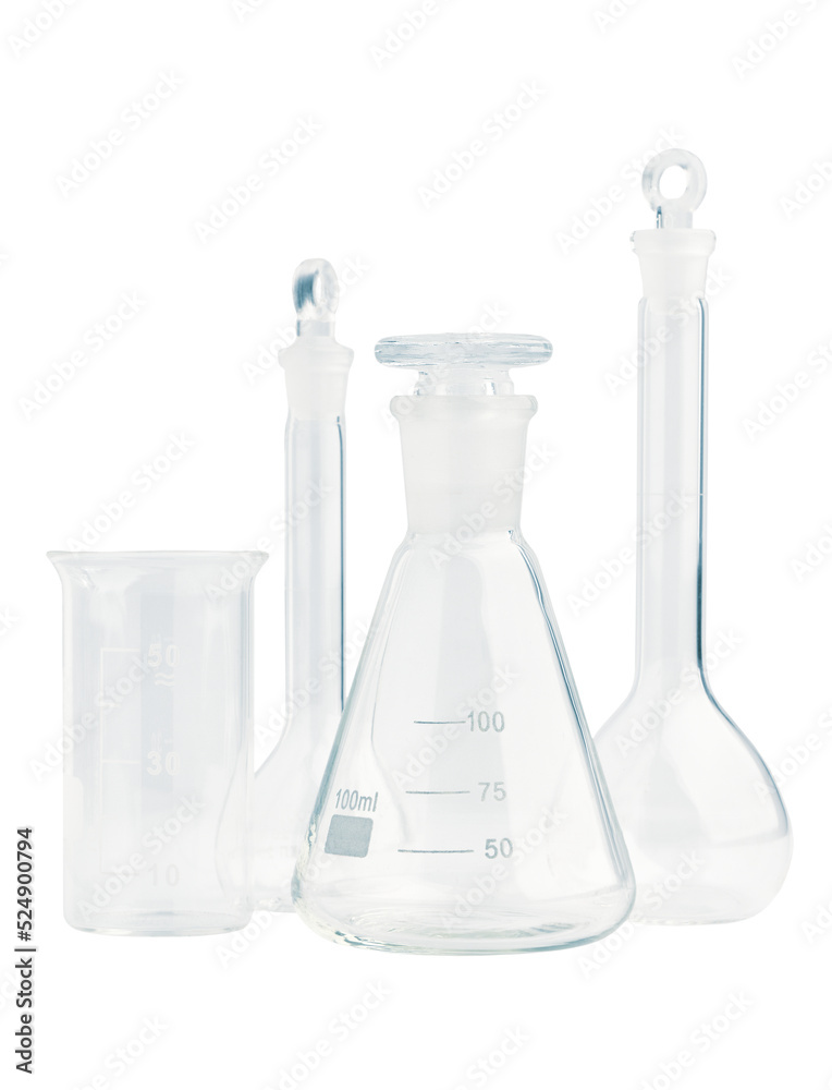 Empty laboratory glassware isolated on white background in close-up Empty laboratory glassware isolated on white background in close-up
