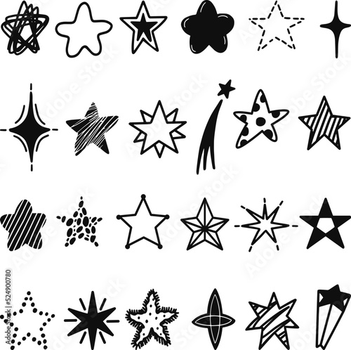 Sketch stars collection. Star sketched, doodle drawn decorative space elements. Marker sketchy, brush starred decoration. Ink grunge neoteric vector set