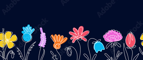 Decorative continuous line flowers seamless pattern. One lines flower, bright botanical floral banner template. Simple minimalist contemporary decent vector design