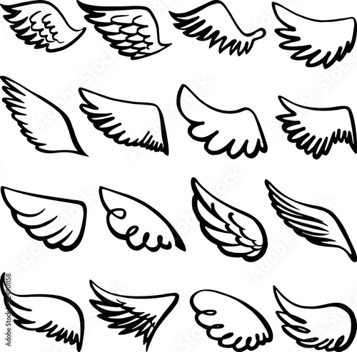 Sketch wings. Hand drawn wing angel or bird, drawing celtic doodle logo. Dove eagle winged elements, simple grunge freedom neoteric vector symbols