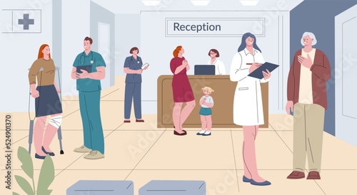 Visiting hospital and waiting medical staff. Clinic reception interior and doctors talk with patients. Healthcare and ambulance, nurses help people kicky vector scene