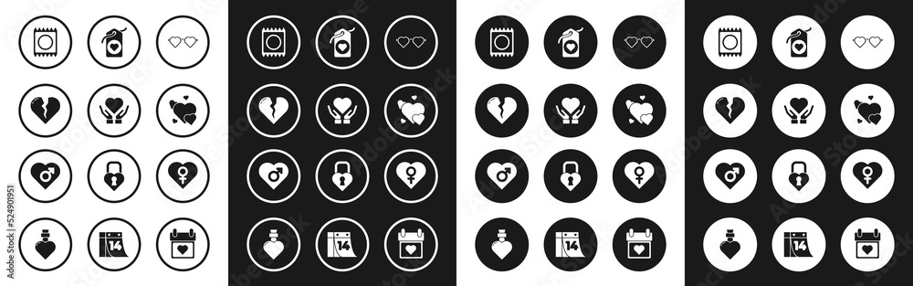 Set Heart shaped love glasses, on hand, Broken heart or divorce, Condom in package, tag, with female gender and icon. Vector