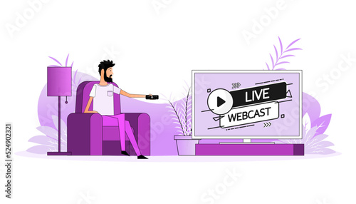 Man sits on the couch, they switch the channel on the TV - Live webcast