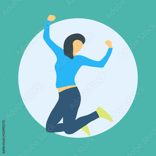Woman jumping with happiness, winner gesture, cartoon character, flat illustration, isolated vector. The joy of achieving the goal, happiness, love, luck, positive emotions.