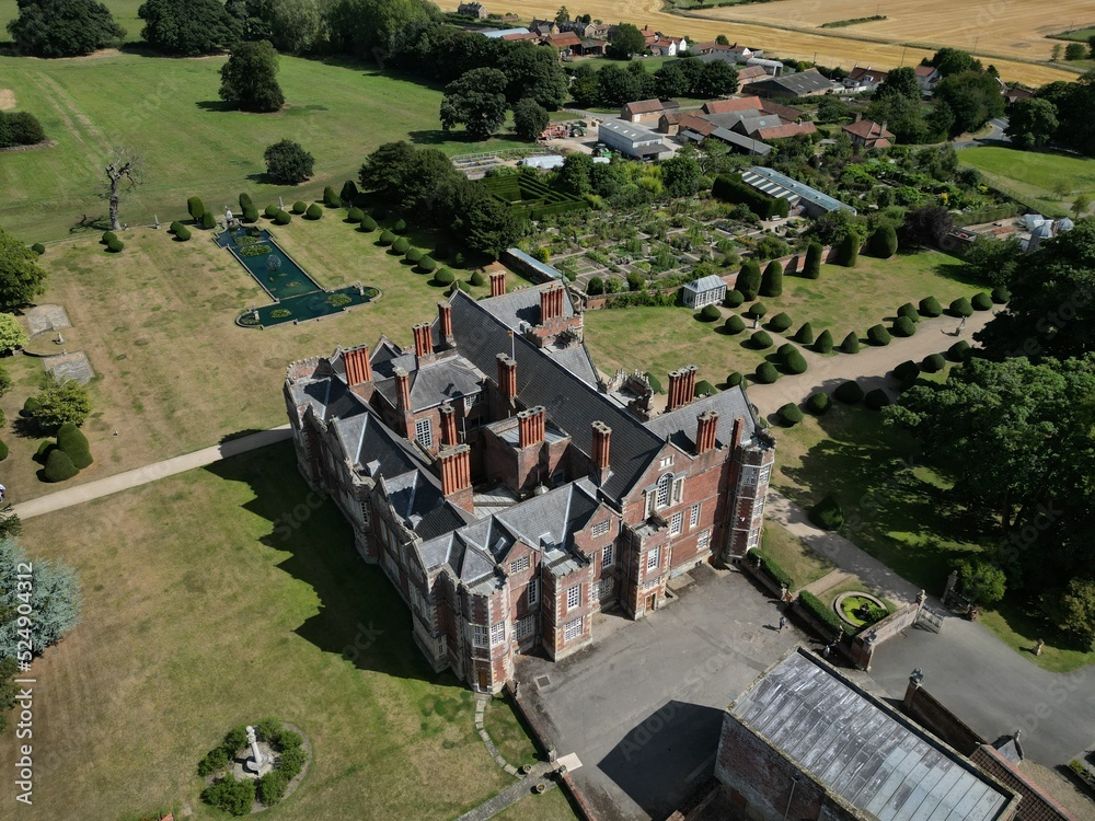 aerial view of Burton Agnes Hall is an Elizabethan, historic, stately home visitor attraction in East Yorkshire aerial view of Burton Agnes Hall is an Elizabethan, historic, stately home visitor attraction in East Yorkshire