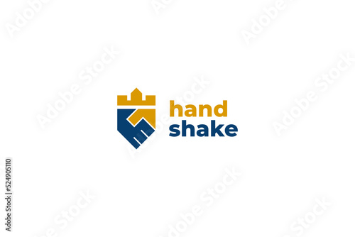 Flat handshake logo with castle icon vector design illustration idea