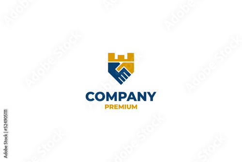Flat handshake logo with castle icon vector design illustration idea