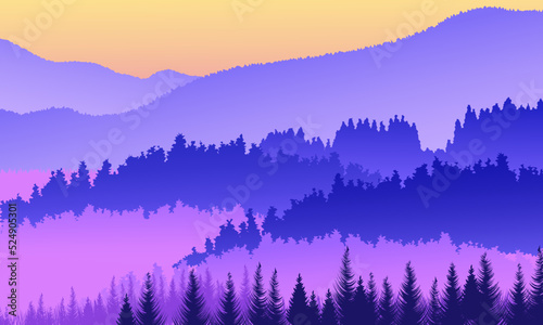 Mountain landscape. Morning, trees against the background of mountains. For environmental advertising, packaging design, background for website banners. Vector illustration.