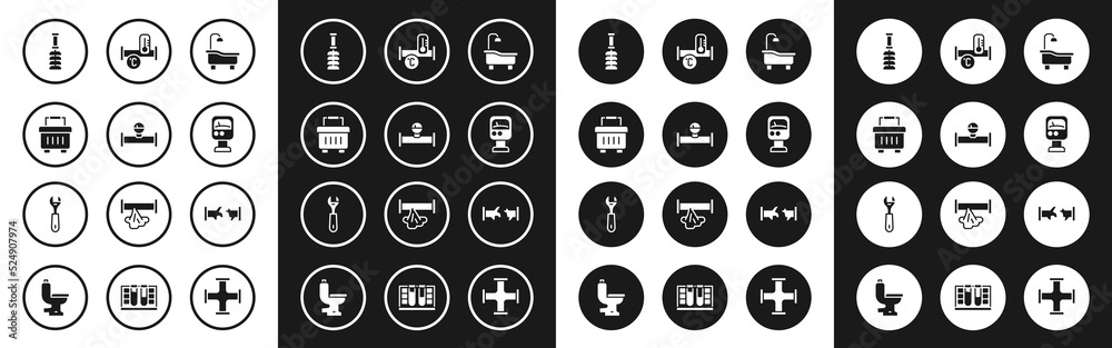 Set Bathtub, Industry pipe and manometer, Toolbox, Toilet brush, Pressure water, metallic, Broken and Wrench spanner icon. Vector Set Bathtub, Industry pipe and manometer, Toolbox, Toilet brush, Pressure water, metallic, Broken and Wrench spanner icon. Vector