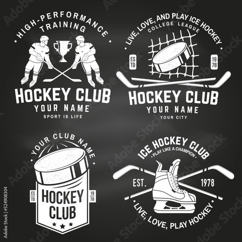 Ice Hockey club logo, badge design on chalkboard. Concept for shirt or logo, print, stamp or tee. Winter sport. Vintage typography design with player, sticker, puck and skates silhouette. Vector.