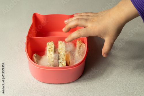 A child's hand reaches for a lunchbox with slices of bread and sausage on which white mold. Spoiled bad food in mold.