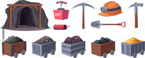 Mining cart. Stuff for miners helmet explosives pickaxe flashlight rope and carts with natural resources exact vector templates