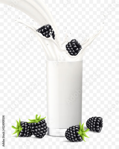 Blackberry falling in a glass of milk or yogurt. Fruit milkshake advertising banner, yogurt jet, flying drops, white drink in glass cup, Realistic 3d vector, isolated on transparent background