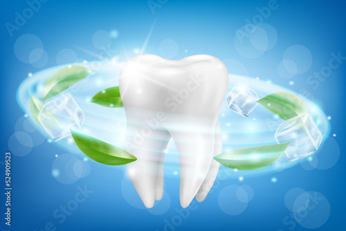 Giant tooth model and dynamic whitening effect. Dental care product package design for toothpaste poster or advertising. Realistic 3d Vector illustration.