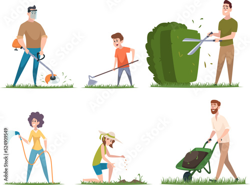 People gardenning. Characters outdoor cleaning grass with lawn mowing sitting with flowers loving nature exact vector cartoon illustrations