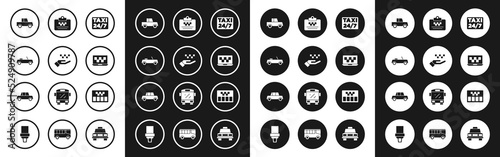 Set Location with taxi, Hand, Car, Laptop call service, Taxi driver license, Taximeter and icon. Vector