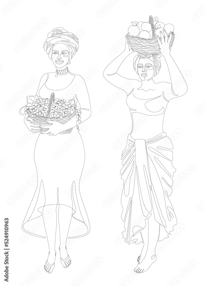 Collection. Silhouettes of a girl in a headscarf. The lady is holding a basket of grapes and apples in her hands. Woman in modern one line style. Solid line, outline, logo. Vector illustration, set. Collection. Silhouettes of a girl in a headscarf. The lady is holding a basket of grapes and apples in her hands. Woman in modern one line style. Solid line, outline, logo. Vector illustration, set.