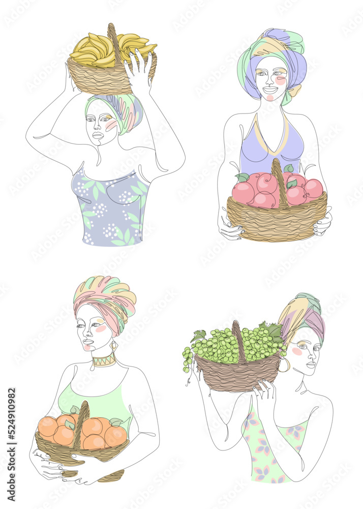 Collection. Silhouettes of a girl in a headscarf. The lady holds in her hands a basket with bananas and apples, grapes, oranges Woman in a modern one line style, contour. Vector illustration, set. Collection. Silhouettes of a girl in a headscarf. The lady holds in her hands a basket with bananas and apples, grapes, oranges Woman in a modern one line style, contour. Vector illustration, set.