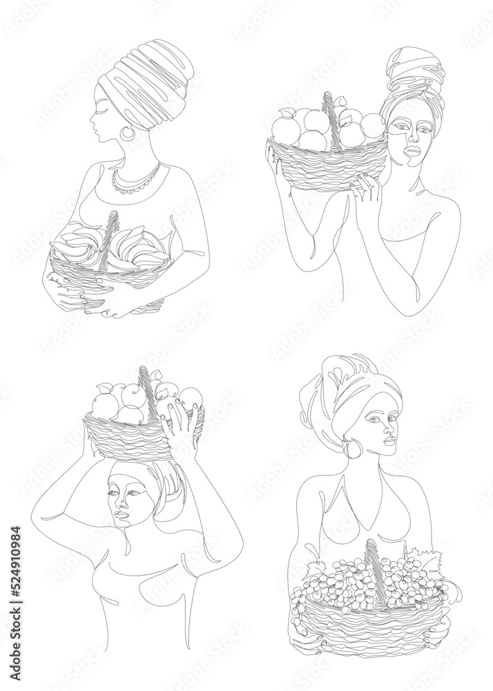 Collection. Silhouettes of a girl in a headscarf. The lady holds in her hands a basket with bananas and apples, grapes, oranges Woman in a modern one line style, contour. Vector illustration, set. Collection. Silhouettes of a girl in a headscarf. The lady holds in her hands a basket with bananas and apples, grapes, oranges Woman in a modern one line style, contour. Vector illustration, set.
