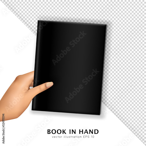Realistic black matte hardcover book in female hand. Woman's hand holding a blank textbook. Mockup of diary, brochure, magazine, album. Layout design for your branding. 