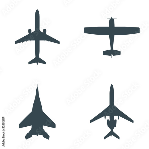 A set of four silhouettes of aircraft, both civilian and military. Vector EPS10.