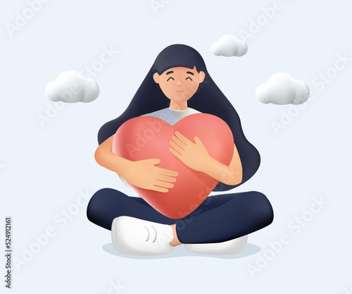 3D vector character woman sitting in lotus pose, meditate. Girl Holding huge red heart and meditation, self comfidence.