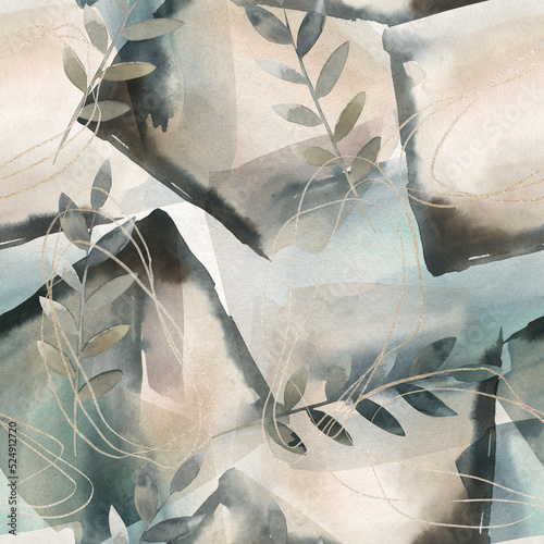 Bilde på lerret Abstract nordic print with geometric shapes and floral branches