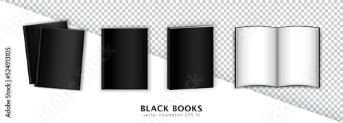 Mockup of four different black books - two textbooks, closed magazine in top and isometric view and opened brochure. Realistic 3d template, layout of diary, encyclopedia on transparent background.