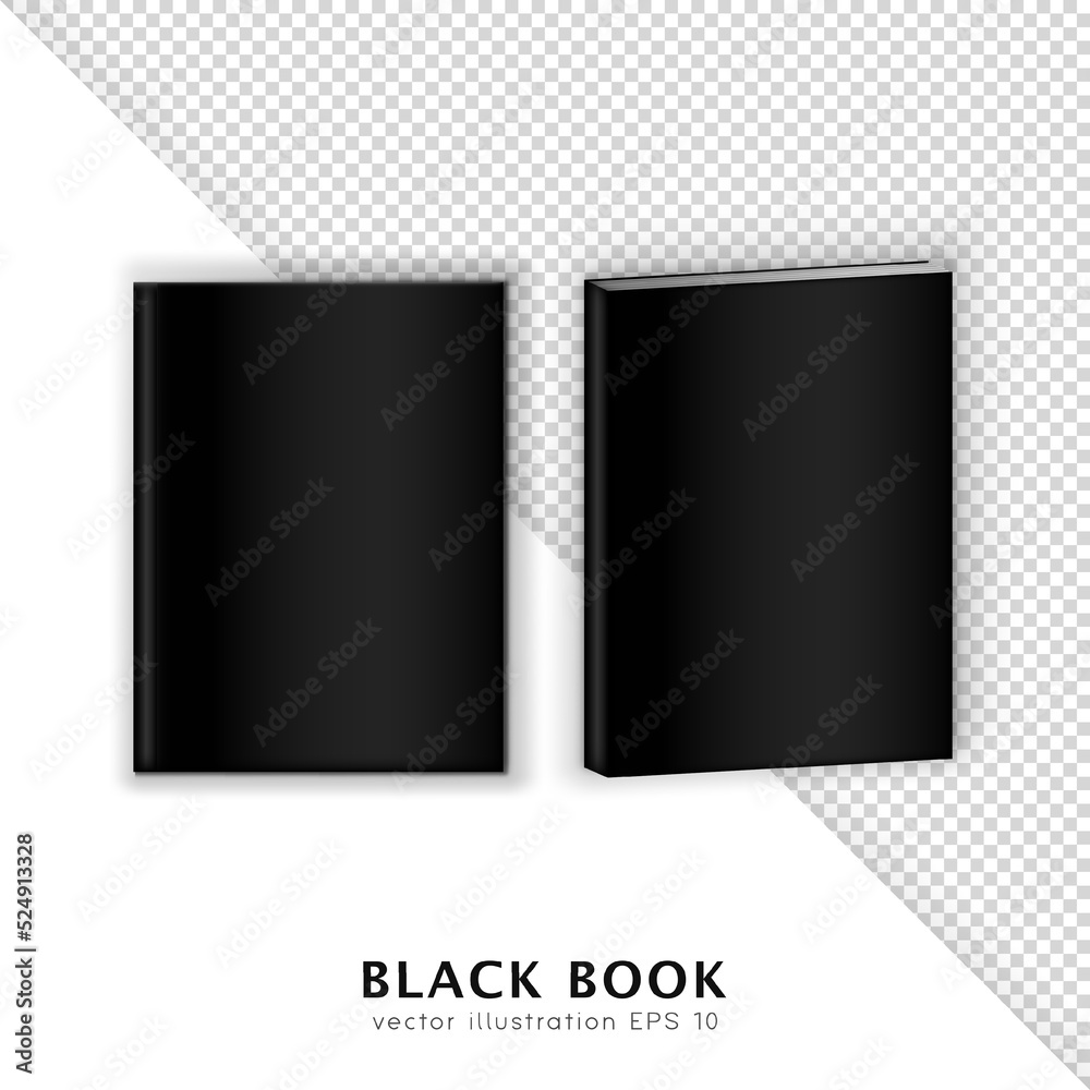 Mockup of two black books in front and isometric view with copy space. Realistic template of textbook, album, magazine isolated on white and transparent background. Layout for branding