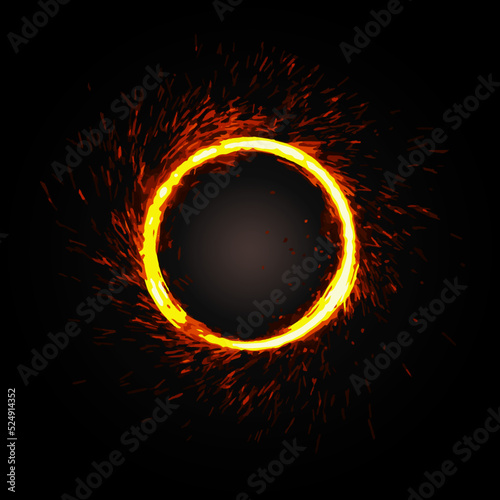 Shining circle with sparkles and glowing lights on black background, portal or round frame, vector illustration