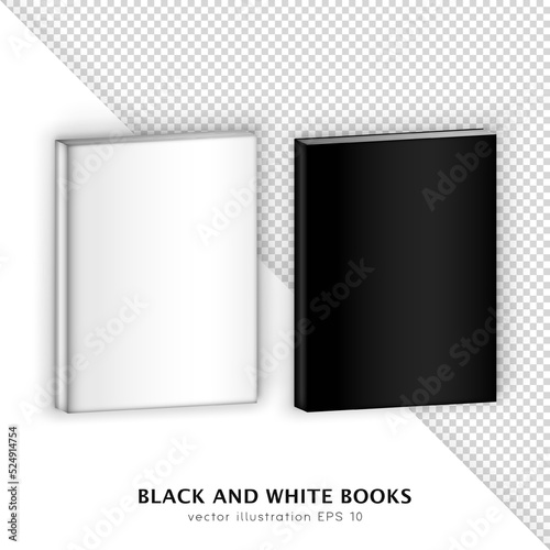 Set of two realistic white and black hardcover books isolated on transparent background. 3D Mockup of blank isometric magazine, textbook, diary, brochure,  etc. Vector layout design for branding