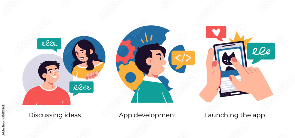 Developing and Launching application - abstract business concept illustrations. Discussing ideas, App development, Launching the app. Visual stories collection