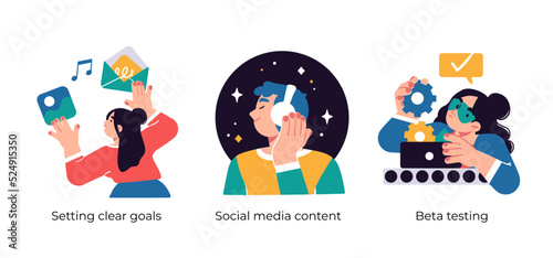 Business Concept illustrations. Setting clear goals, Social media content, Beta testing. Visual stories collection