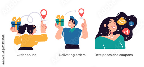 Online shopping and customer loyalty program- abstract business concept illustrations. Order online, Delivering orders, Best prices and coupons. Visual stories collection