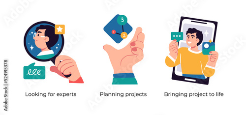 Launching and management new project - abstract business concept illustrations. Looking for experts, Planning projects, Bringing project to life. Visual stories collection