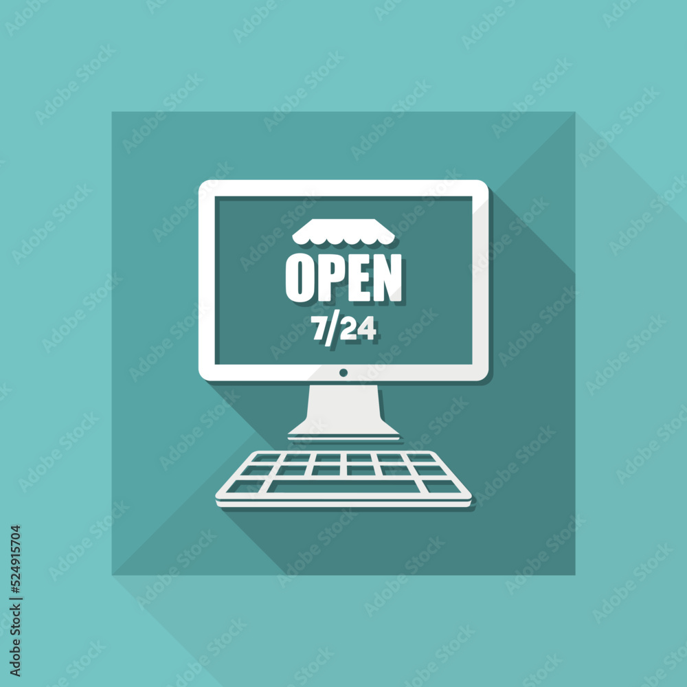 E-store open 7/24 full time - Vector flat icon E-store open 7/24 full time - Vector flat icon