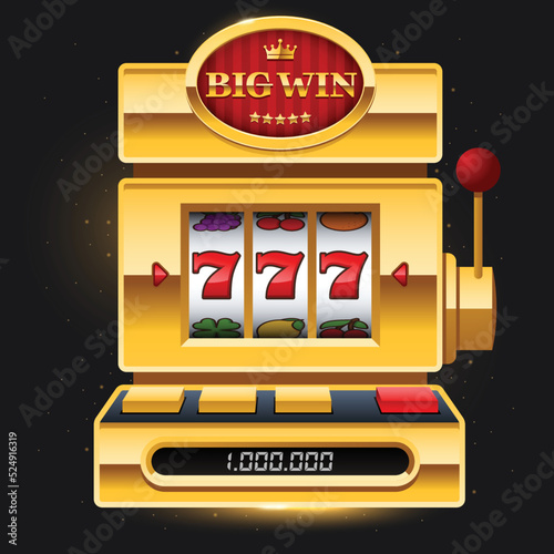 Golden slot machine on dark background with Big Win sign. Win 777 jackpot. Lucky seven, big win, casino vegas game. Jackpot triple seven. Vector illustration.