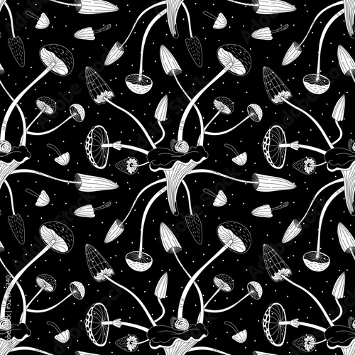 Mushroom magic. Seamless pattern. Doodle style