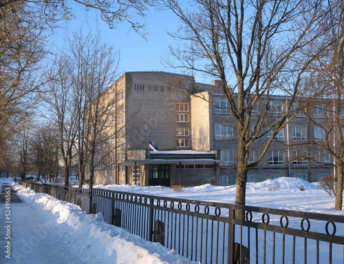 Soviet time school building in the winter