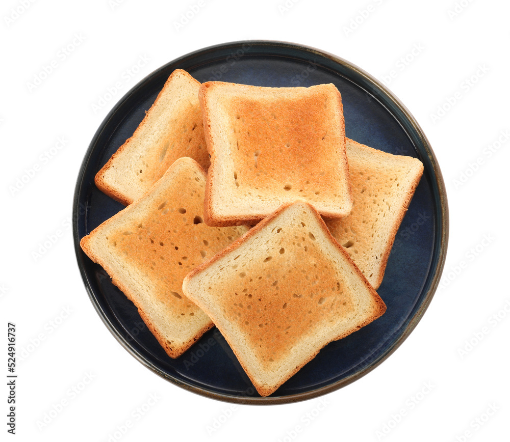 Fototapeta premium Plate with slices of delicious toasted bread on white background, top view