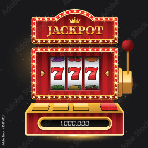 Shiny red slot machine on dark background with Jackpot sign on dark background. Win 777 jackpot. Lucky seven, big win, casino vegas game. Jackpot triple seven. Vector illustration.