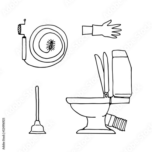 Rubber plunger and ceramic toilet bowl. Tools for cleaning the sewer system. Vector illustration in black ink, isolated on a white background in a doodle and hand drawn style.